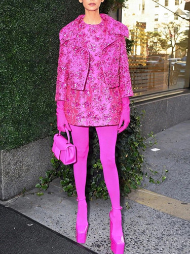 Rose Hot Pink Jacket Dress Beading Jacquard Sequins New Designer Fashion Handmade Beaded Short Sleeve Mini Dress Coat Blazer