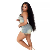 New tube top denim shorts suit fashion nostalgic stretch shorts two-piece ladies suit two piece sets womens outifits