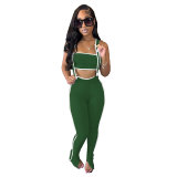 Women Patchwork Two Piece Set Strapless Tube Crop Tops Spaghetti Straps High Waist Split Pants Casual Slim High Stretch Suits