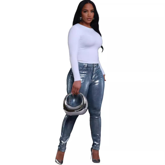 Glossy Women Denim Pants High Waist Zipper Fly Jeans Summer New Fashion Capris Streetwear Sexy Night Club Party Trousers