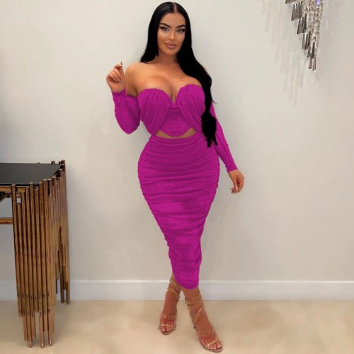 Sexy Mesh Ruched Two Piece Sets Women Nightclub Outfits 2023 Autumn Strapless Long Sleeve Crop Tops Mid Skirts Party Clubwear
