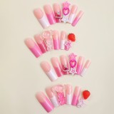 24Pcs Y2K Press on Nails Spicy Girls Long Handmade Wearing Fake Nail Patchs with Pink Crystal Charms Stars Manicure Art
