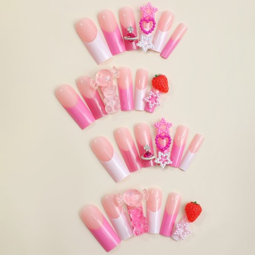 24Pcs Y2K Press on Nails Spicy Girls Long Handmade Wearing Fake Nail Patchs with Pink Crystal Charms Stars Manicure Art