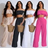 Elegant Two Piece Outfits Women Summer Holiday Ruffles Slash Neck Off the Shoulder Crop Top and Wide Leg Pants Matching Sets