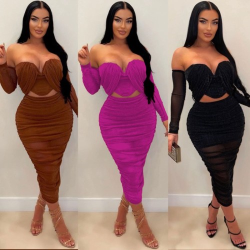 Sexy Mesh Ruched Two Piece Sets Women Nightclub Outfits 2023 Autumn Strapless Long Sleeve Crop Tops Mid Skirts Party Clubwear