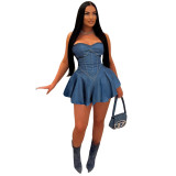 Denim Off Shoulder Women Mini Dress Solid High Waist A Line Dresses Summer Outfits Sexy Backless Night Club Party Vestidos