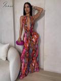 Joskaa Tie Dye Print Wide Leg Straight Jumpsuits Women Sexy Deep V-Neck Backless Bodycon One Piece Overalls Holdiay Outfits
