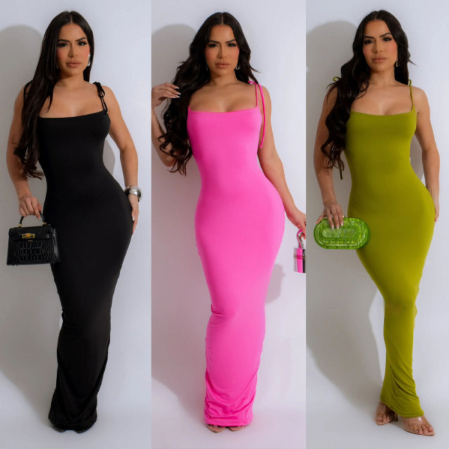 Sexy Spaghetti Strap Bodycon Maxi Dress for Women Elegant Sleeveless Backless Solid Slim Fit Club Party Long Dresses Vestidos