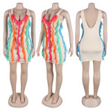 Ladies Multi-Color Three-Dimensional Striped Sleeveless Low-Cut Skinny Dress Summer Street Stunning Fashion Dress