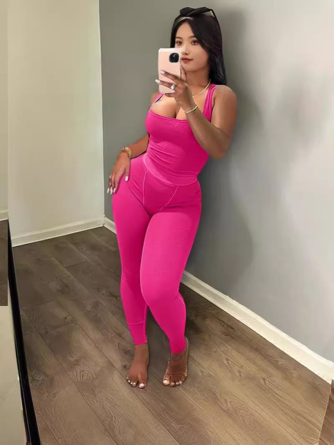 Two Piece Set Women Summer Casual Ribbed Knitted Solid Sleeveless Vest+Pencil Pants Casual Streetwear Pants Set