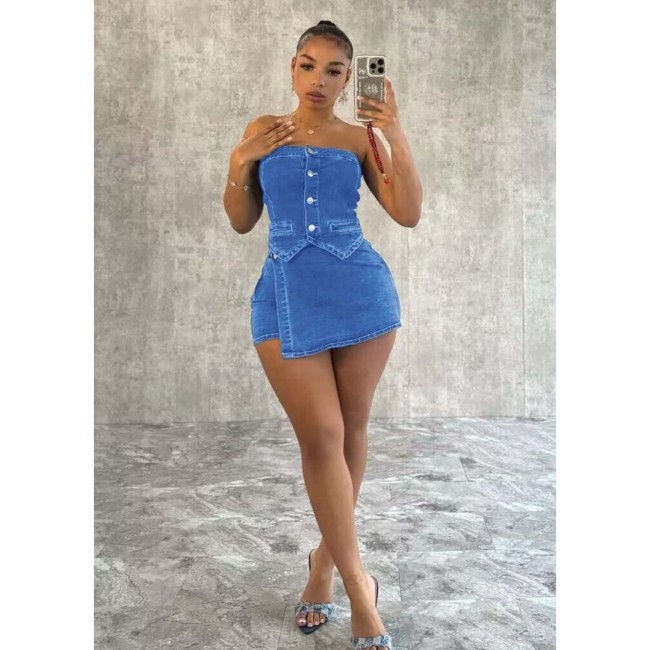 Denim Crop Tops Summer Two Piece Pant Sets Biker Shorts Suits Sets Cropped jean Cargo Pocket Pants Sexy Outfits Y2K Fashion