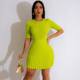 Solid Basic 2 Piece Skirt Sets Women Outfit Knit O-neck Short Sleeve Top and Pleated Mini Skirts Elegant New In Matching Sets