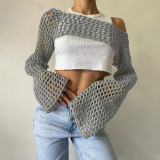 Knitted Crochet Womne Cover Ups Solid Long Sleeve Crop Top Summer Streetwear Outfits Sexy Hollow Out Night Club Party Tops