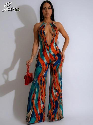 Joskaa Tie Dye Print Wide Leg Straight Jumpsuits Women Sexy Deep V-Neck Backless Bodycon One Piece Overalls Holdiay Outfits