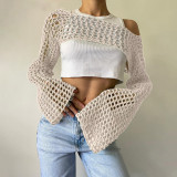 Knitted Crochet Womne Cover Ups Solid Long Sleeve Crop Top Summer Streetwear Outfits Sexy Hollow Out Night Club Party Tops