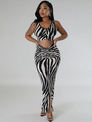 Sexy Zebra Stripes Bodycon Maxi Dress Women Party Club Elegant Cut Out Ruched Tank Sleeveless Summer Dresses Sun Dress Holiday