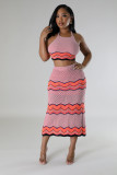 Knitted Women 2 Piece Sets Striped Halter Sleeveless Crop Top Bodycon Midi Skirts Matching Set 2024 Summer New Beach Cover Ups