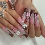 24pcs French Pink Pearl False Nails 3D Bowknot Decor Fake Nail Patch Ballet Coffin Korean Sweet Press on Nails Tips for Girls