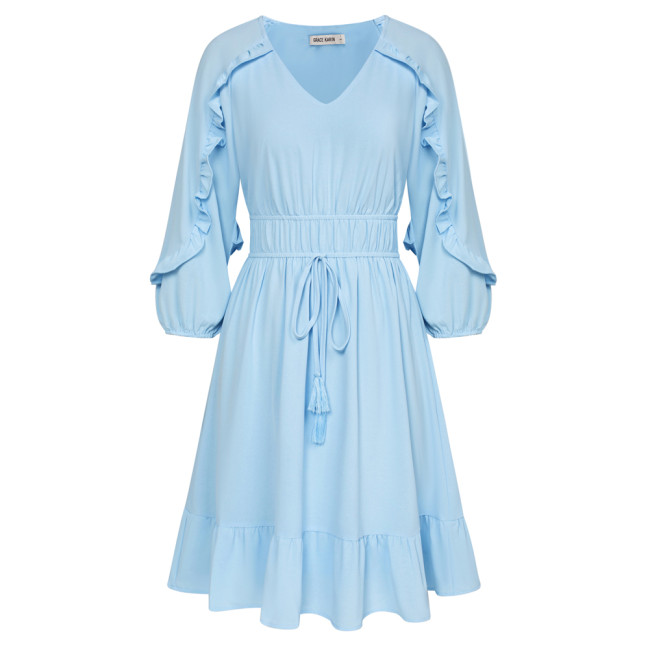Women Dress High Waist korean Fashion Casual Elastic Waist 3/4 Sleeve V-Neck Ruffled Hem A-Line Dress