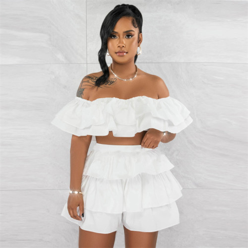 Ruffles Two Piece Set for Women Short Sets Summer Slash Neck Off Shoulder Crop Top and Shorts Holiday Party Sexy Club Outfits