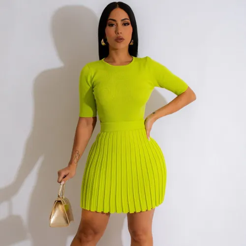 Solid Basic 2 Piece Skirt Sets Women Outfit Knit O-neck Short Sleeve Top and Pleated Mini Skirts Elegant New In Matching Sets