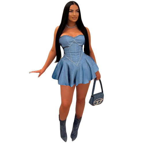 Denim Off Shoulder Women Mini Dress Solid High Waist A Line Dresses Summer Outfits Sexy Backless Night Club Party Vestidos