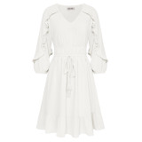 Women Dress High Waist korean Fashion Casual Elastic Waist 3/4 Sleeve V-Neck Ruffled Hem A-Line Dress