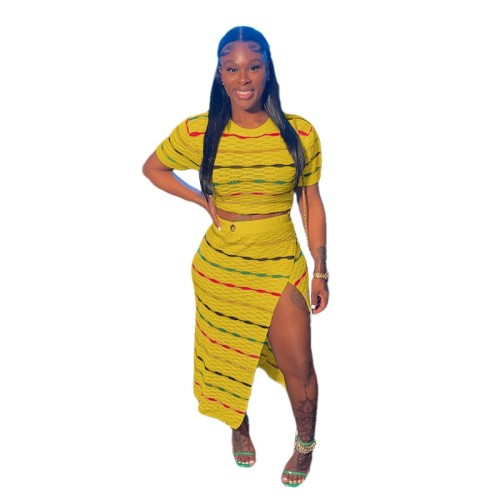 Striped Knitted Women 2 Piece Set Short Sleeve Crop Top Side Slit Maxi Hip Skirts Matching Set Fall Streetwear Tracksuits