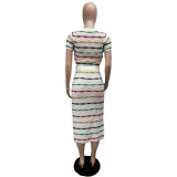 Striped Knitted Women 2 Piece Set Short Sleeve Crop Top Side Slit Maxi Hip Skirts Matching Set Fall Streetwear Tracksuits
