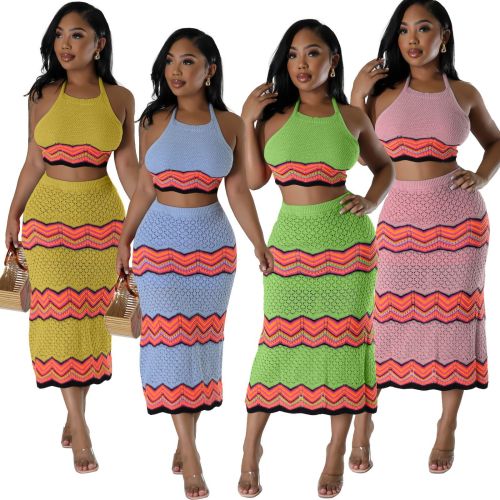 Knitted Women 2 Piece Sets Striped Halter Sleeveless Crop Top Bodycon Midi Skirts Matching Set 2024 Summer New Beach Cover Ups