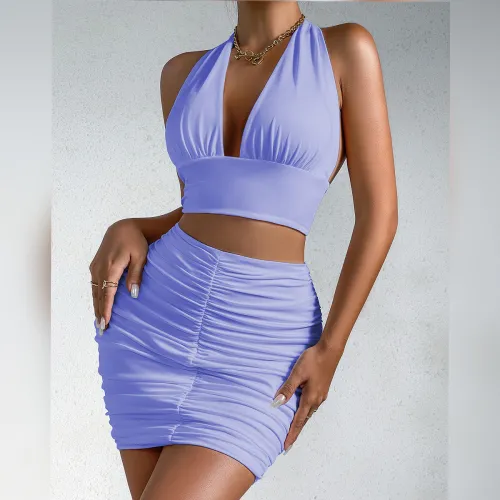 Women's Halterneck Lace-up Two-Piece Top, Short Skirt, Women's Sexy Crop Top, Pleated V-Neck, Slim Fit, Elegant