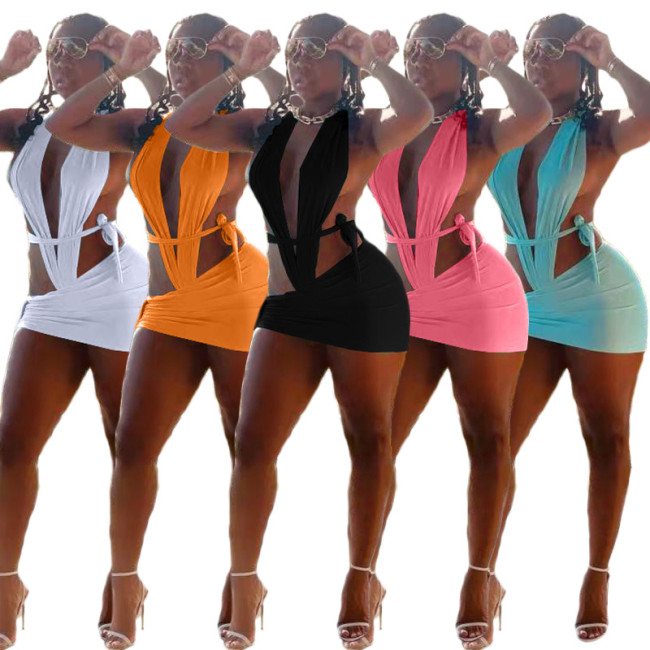 Women Sexy Summer Beach Two Piece Set Deep V Neck Halter Backless Bodysuit Lace Up Bodycon Mini Skirt Swimwear Club Wear