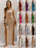 Knitted Women Long Maxi Dress Solid Halter High Slit Beach Cover Ups Summer Holiday Beach Wear Sexy Backless Outfits