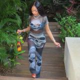 Fitness Women Printed Rompers Short Sleeve Mock Neck Skinny Jumpsuits Summer Streetwear Sexy Mesh See Through One Piece