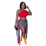 Fitness Women 2 Piece Set One Shoulder Solid Tank Top Tassel Skinny Mini Skirts Matching Set 2024 Summer Sexy Club Party Outfits