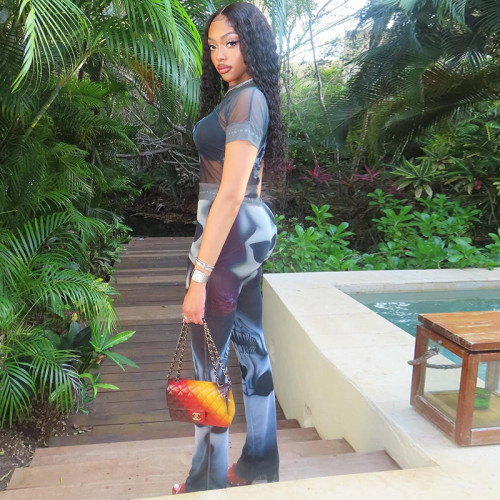 Fitness Women Printed Rompers Short Sleeve Mock Neck Skinny Jumpsuits Summer Streetwear Sexy Mesh See Through One Piece