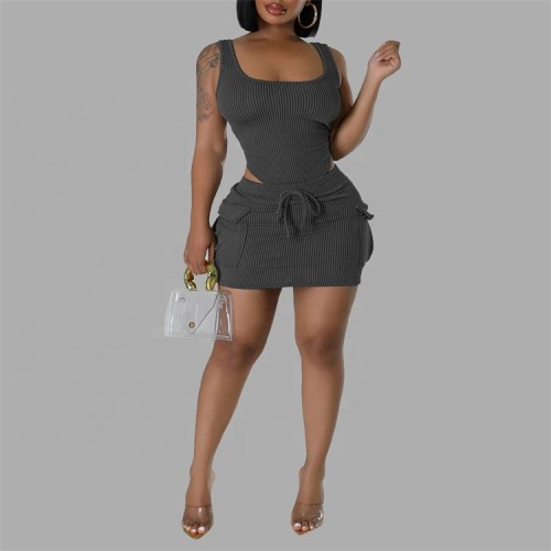 Women Solid Ribbed Two Piece Set Tank Bodysuits Tops + 3D Pockets BodFashion ycon Mini Skirts Casual Streetwear Suits