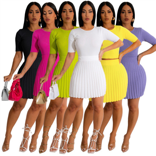 Solid Basic 2 Piece Skirt Sets Women Outfit Knit O-neck Short Sleeve Top and Pleated Mini Skirts Elegant New In Matching Sets