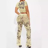 Funny Printed Women 2 Piece Set Fitness Short Sleeve Crop Top High Waist Pants Matching Set 2024 Summer Sexy Night Club Outfits