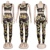 Echoine Women Autumn Print Condole Belt Crop Top Pencil pants 2 Pieces Set Nghtclub Party Sexy Slim Temperament Elegant Outfits