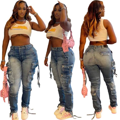 Streetwear Fashion Woman Jeans Washed High Waist Zippered Multi-Pocket  Stretch Cargo Pants Casual  Jeans Real Picture