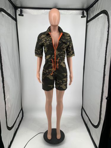 Ladies New Summer Fashion Cardigan Waist Closed Woven Short Sleeve Lapel Zipper Camouflage One-piece Shorts Playsuit