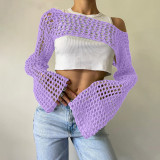 Knitted Crochet Womne Cover Ups Solid Long Sleeve Crop Top Summer Streetwear Outfits Sexy Hollow Out Night Club Party Tops