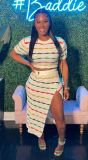 Striped Knitted Women 2 Piece Set Short Sleeve Crop Top Side Slit Maxi Hip Skirts Matching Set Fall Streetwear Tracksuits