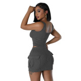 Fitness Women 2 Piece Set Solid Ribbed Sleeveless Skinny Bodysuits Mini Skirts Matching Set 2024 Summer Sexy Club Party Outfits