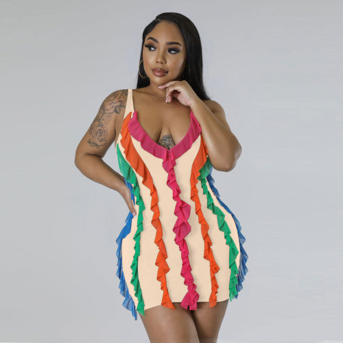 Ladies Multi-Color Three-Dimensional Striped Sleeveless Low-Cut Skinny Dress Summer Street Stunning Fashion Dress