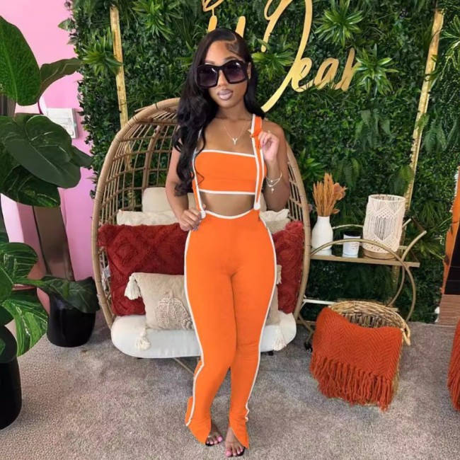 Women Patchwork Two Piece Set Strapless Tube Crop Tops Spaghetti Straps High Waist Split Pants Casual Slim High Stretch Suits