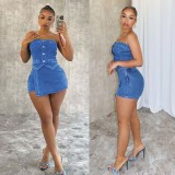 Denim Crop Tops Summer Two Piece Pant Sets Biker Shorts Suits Sets Cropped jean Cargo Pocket Pants Sexy Outfits Y2K Fashion
