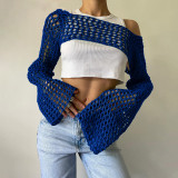 Knitted Crochet Womne Cover Ups Solid Long Sleeve Crop Top Summer Streetwear Outfits Sexy Hollow Out Night Club Party Tops