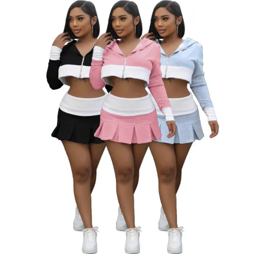 Fitness Women 2 Piece Set Zipper Fly Hooded Coat Pleated Mini Skirt Matching Set Summer Streetwear Sporty Workout Tracksuit